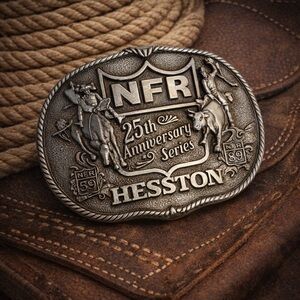 NOS National Finals Rodeo First Edition Hesston belt buckle, 1983, 25th Anniv